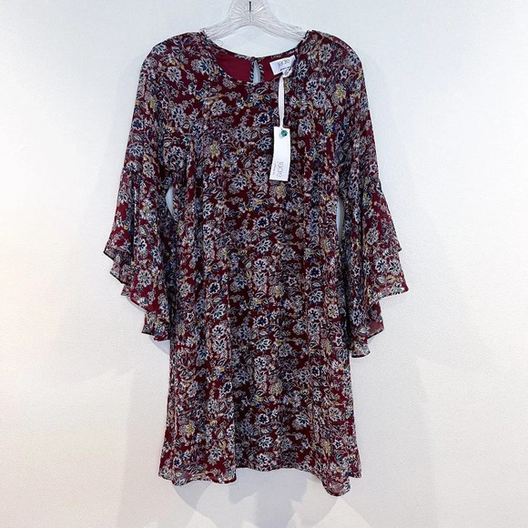 Jade by Johnny Was Maroon Floral Quarter Butterfly Sleeve Boho Mini Dress S NWT - Picture 2 of 10